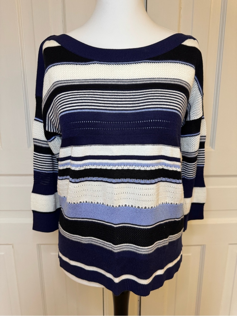 White House Black Market Striped Off-the-Shoulder Sweater in Navy, White & Black